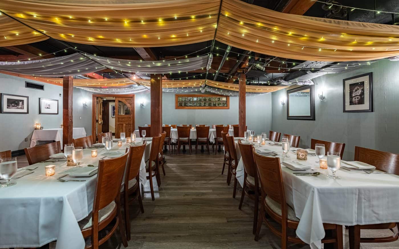 Private dining room in Providence set for 32 guests